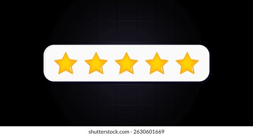 Five stars rating icon set. Yellow 5 star customer product review. Rating, feedback, 3d, bar, button, quality, black background and vector