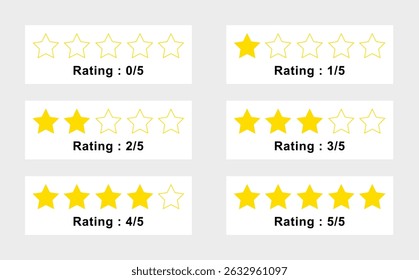 Fünf-Sterne-Rating-Icon-Set. Feedback Sterne Bewertung flachen Design. Kundenrezension in goldenen Sternen Farbe für Apps und Website.