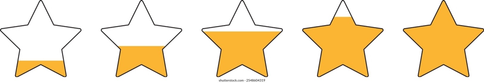 Five stars rating icon vector illustration. Customer feedback or rating icon isolated on white background. Five golden stars rating, Review, Feedback, Quality.