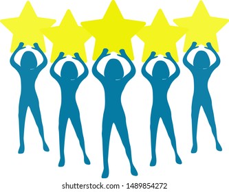 Five stars rating. People are holding stars over the heads. Positive rating, quality work, feedback.