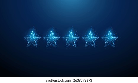 Five stars rating. Quality evaluation, customer feedback, digital review, audience response, user satisfaction concept. Low poly style Glowing stars, modern digital graphic with light effects. Vector.
