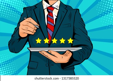 Five stars rating quality review of service. Colorful vector illustration in pop art retro comic style