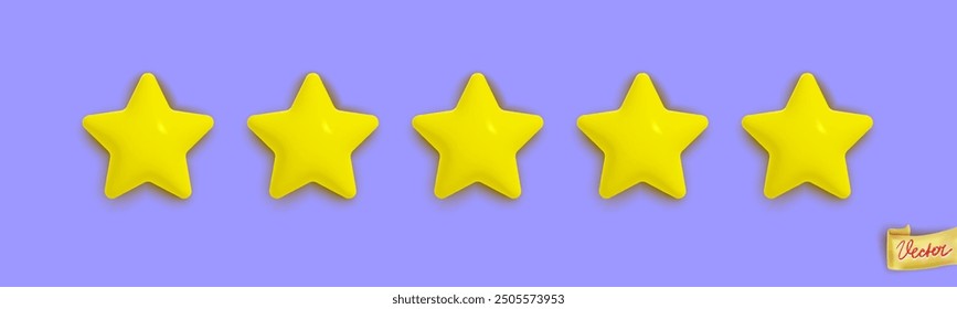 Five stars rating.  Realistic vector customer review. Positive rating concept with shiny yellow stars on violet background