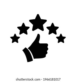 Five stars rating review icon. Feedback, Best seller, Quality icon. Vector. Customer review rating with 5 stars and thumb-up. Quality rating, feedback, five stars line symbol on white background.