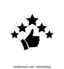 Five stars rating review icon. Feedback, Best seller, Quality icon. Vector. Customer review rating with 5 stars and thumb-up. Quality rating, feedback, five stars line symbol on white background.