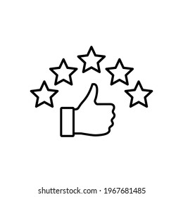 Five stars rating review icon. Best seller icon. Vector. Customer review rating with 5 stars and thumb-up. Quality rating and feedback. Line symbol on white background.