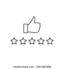 Five stars rating review icon. Best seller icon. Vector. Customer review rating with 5 stars and thumb-up. Quality rating and feedback. Line symbol on white background.