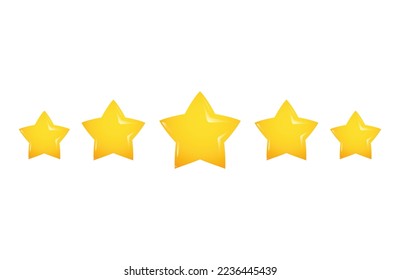 Five stars rating review icon, shiny yellow stars vector illustration, star symbol for mobile games or web pages