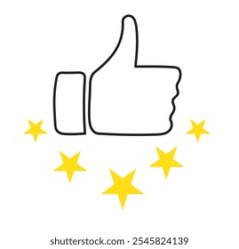 Five stars rating review icon. Feedback, Best seller, Quality icon. Vector. Customer review rating with 5 stars and thumb-up. Quality rating, feedback, five stars line symbol on white background. 333
