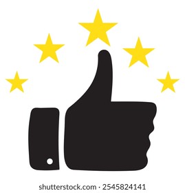 Five stars rating review icon. Feedback, Best seller, Quality icon. Vector. Customer review rating with 5 stars and thumb-up. Quality rating, feedback, five stars line symbol on white background. 333
