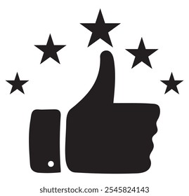 Five stars rating review icon. Feedback, Best seller, Quality icon. Vector. Customer review rating with 5 stars and thumb-up. Quality rating, feedback, five stars line symbol on white background. 333