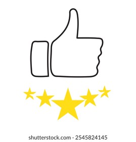 Five stars rating review icon. Feedback, Best seller, Quality icon. Vector. Customer review rating with 5 stars and thumb-up. Quality rating, feedback, five stars line symbol on white background. 333