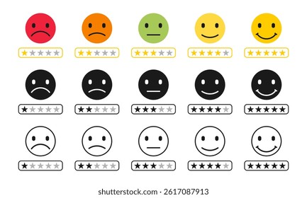 Five stars rating review icon with smiley. customer satisfaction concept, vector illustration isolated on white background.