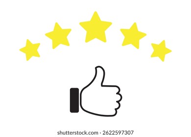 Five stars rating review icon. Customer review 5 stars rating with thumb up. 
