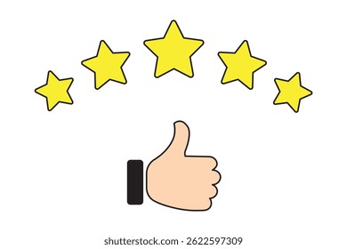 Five stars rating review icon. Customer review 5 stars rating with thumb up. 