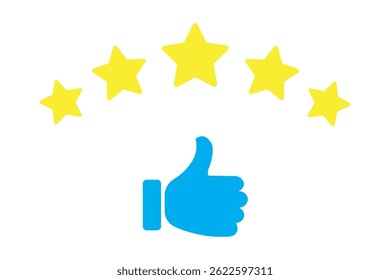 Five stars rating review icon. Customer review 5 stars rating with thumb up. 