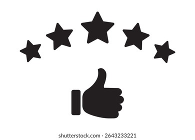 Five stars rating review icon. Customer review 5 stars rating with thumb up.