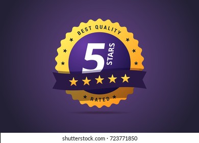 Five stars rating round medal. For award winners, hotel, site or product ratings. Vector isolated label in modern gradient style.