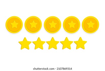 Five stars rating. Set of yellow badges, 5 stars. Customer feedback. Quality control. Poll, voting to get the user's vote. Success indicator Vector illustration.	