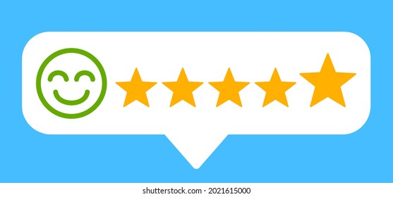 Five stars, rating signs, customer reviews with happy smiling – stock vector