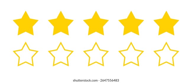 Five stars rating vector icon set. Golder 5 star shapes collection. Flat and outline design for customer reviews, product feedback, and app or website UI elements. Five yellow stars rating system. 