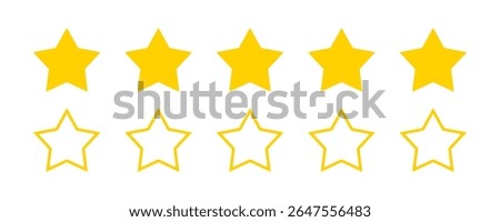 Five stars rating vector icon set. Golder 5 star shapes collection. Flat and outline design for customer reviews, product feedback, and app or website UI elements. Five yellow stars rating system. 