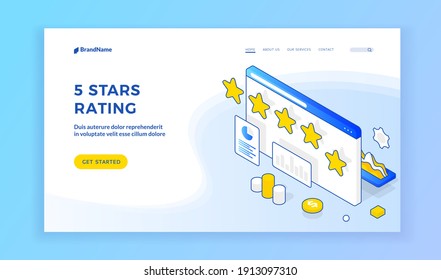 Five stars rating. Vector illustration of website page with good rating on banner advertising seller reputation system. Isometric web banner, landing page template