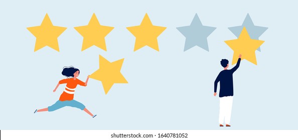 Five stars rating. Woman man with star, reviews. Marketing and social media communication vector illustration