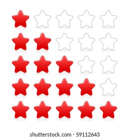 Five stars ratings web 2.0 button. Red and gray shapes with shadow and reflection on white