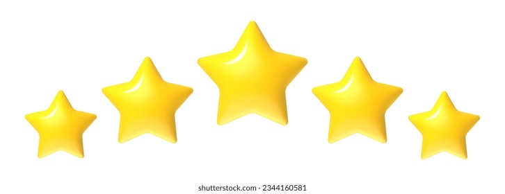 Five stars review. 3d golden yellow customer feedback stars, 5 star review appraisal hotel label. Top rate reward icons, quality product symbol. Vector set. Premium service award, client opinion