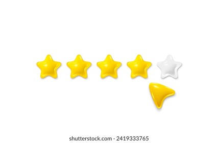 Five stars review with 3d mouse cursor. Customer rating feedback concept from the client. Realistic 3d star rate design. Five stars feedback. For mobile applications. Vector illustration