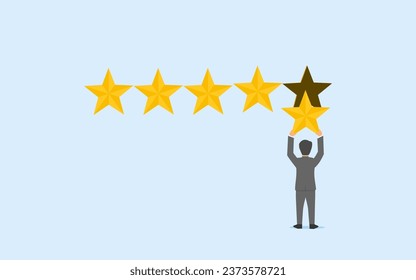 five stars review. a businessman holding star to complete the fifth stars. brilliant performance and service