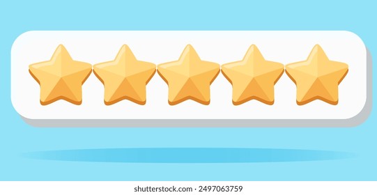 Five stars review concept, realistic yellow stars on blue background. Customer rating, feedback or achievement concept vector illustration