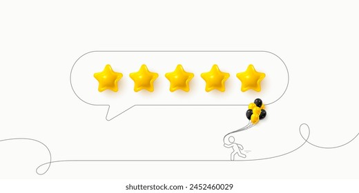 Five stars review icons. 5 stars rate banner. Customer rating feedback banner with human character. Man running with balloons. Social media five 3d stars background. Vector illustration