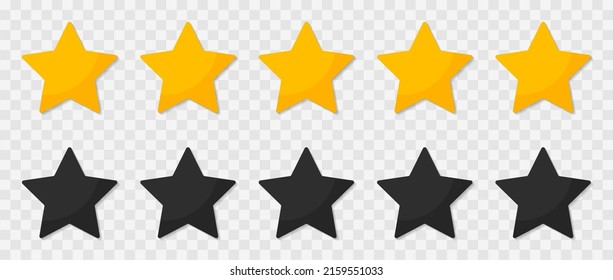 Five stars for review, rating and rank isolated on transparent background. 5 yellow and black icons. Gold and black flat icons with shadows. Ranking logos. Vector illustration.