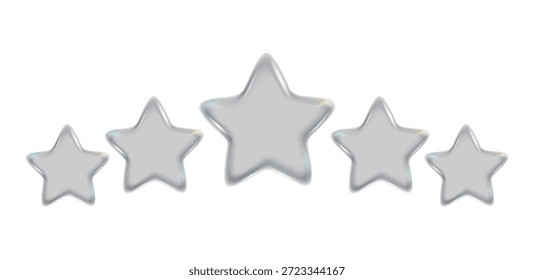 Reseña de cinco estrellas. Renderice las estrellas de Comentarios Clientes transparentes de la forma del vidrio, etiqueta del hotel de la valoración de la opinión de 5 estrellas. Iconos de recompensa de tasa superior, símbolo de producto de calidad. Conjunto de Vector. Premio al servicio de Premium, opinión del cliente
