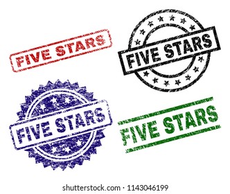 FIVE STARS seal prints with distress style. Black, green,red,blue vector rubber prints of FIVE STARS title with dirty style. Rubber seals with circle, rectangle, rosette shapes.