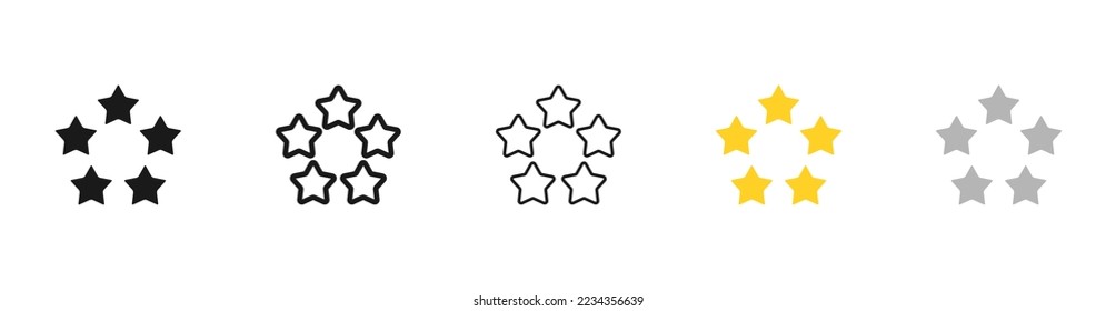 Five Stars set icon. Rating, rate the service, falling, shining, comment, reaction, user, online communication. Feedback concept. Vector five icon in different style on white background