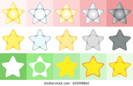 Five stars. Set of icons. Imitation of five metals: gold, silver, bronze, aluminum, iron. Vector illustration.