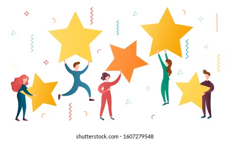  Five stars as a sign of success and quality of work, the concept of achieving goals, implementing plans for the highest level. The working team with the stars in their hands.