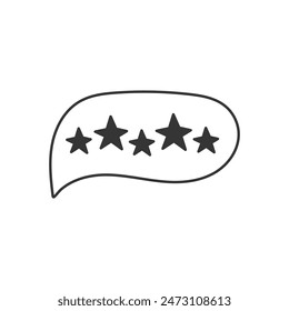 Five Stars Speech Bubble. Hand drawn rating balloon doodle. Comic customer feedback symbol. Outline black line art. Isolated vector illustration