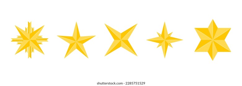 five stars or five types of gold stars vector on white background. six point shape, five point shape, four point shape, compass shape, etc.
