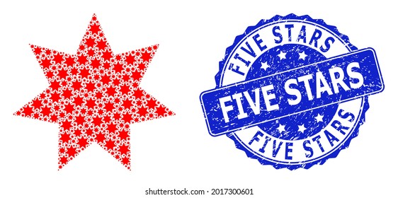 Five Stars unclean round stamp and vector fractal mosaic eight corner star. Blue stamp seal contains Five Stars tag inside round shape.