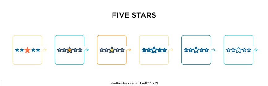 Five stars vector icon in 6 different modern styles. Black, two colored five stars icons designed in filled, outline, line and stroke style. Vector illustration can be used for web, mobile, ui