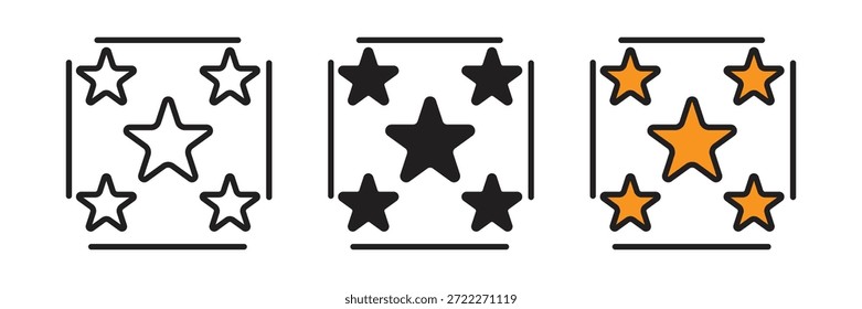 Cinco estrelas dentro de um quadro quadrado, representando padrões de qualidade premium, seleções com curadoria e ícones de certificação de produtos ou serviços de alta qualidade.
