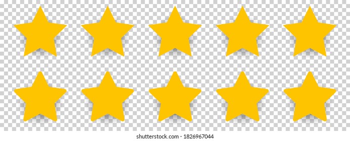 Five stars yellow isolated, rating review signs, customer reviews, quality shape. Customer feedback concept. Set stars with acute and rounded angle 