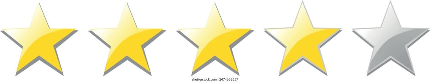 Five stars yellow testimonial product rating detailed realistic icon for apps, UI, yellow and silver shiny gold Product Quality, Feedback, Customer review service, satisfaction 5 score Vector design.