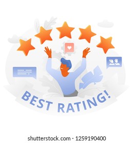 Five stars and young happy man with a sign "Best Rating" on a gray ribbon. High-rank achievement vector concept.