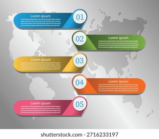Línea de tiempo de infografía empresarial de cinco pasos con etiquetas numeradas y fondo del mapa mundial. Diseño de línea de tiempo de infografía empresarial de cinco pasos.

