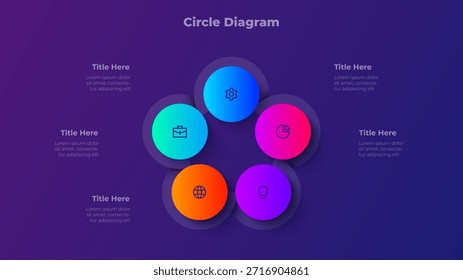 Five Step Circle Diagram. 5 Step Gradient Infographic Template for Presentation, Workflow Visualization and Business Data Flow. - Powered by Shutterstock - Get 15% off with code: PIKWIZARD15